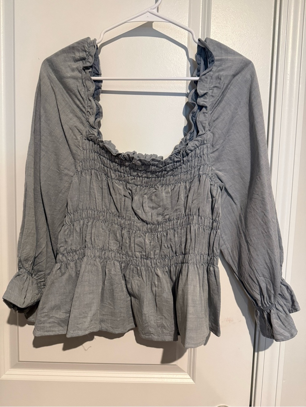 Who What Wear Gray Smocked Ruffle Square-Neck Blouse